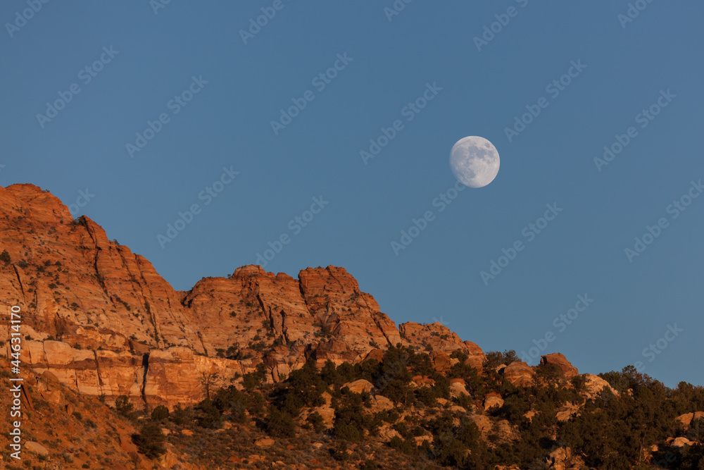 Sunset on Red Rocks With Moon in Utah
