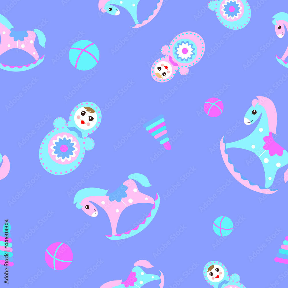 Seamless children's pattern with rocking horses, tumbler dolls and balls on a blue background