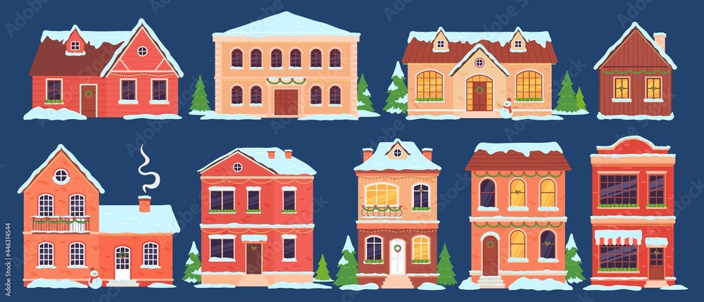 Christmas houses. Buildings with snow caps decorated for winter holidays with lights, xmas tree and wreath. Cartoon town cottages vector set
