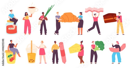 Tiny characters with food. People with grocery shop products, vegetables, sausages, tea, cake, yogurt and cheese. Cooking meal vector set