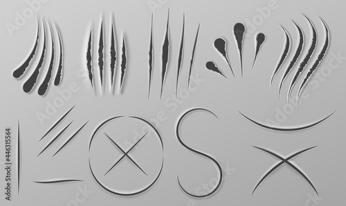 Realistic paper knife cuts. Wild animal claw scratches, slice line and sharp blade cross wound. Paw slash and beast attack marks vector set