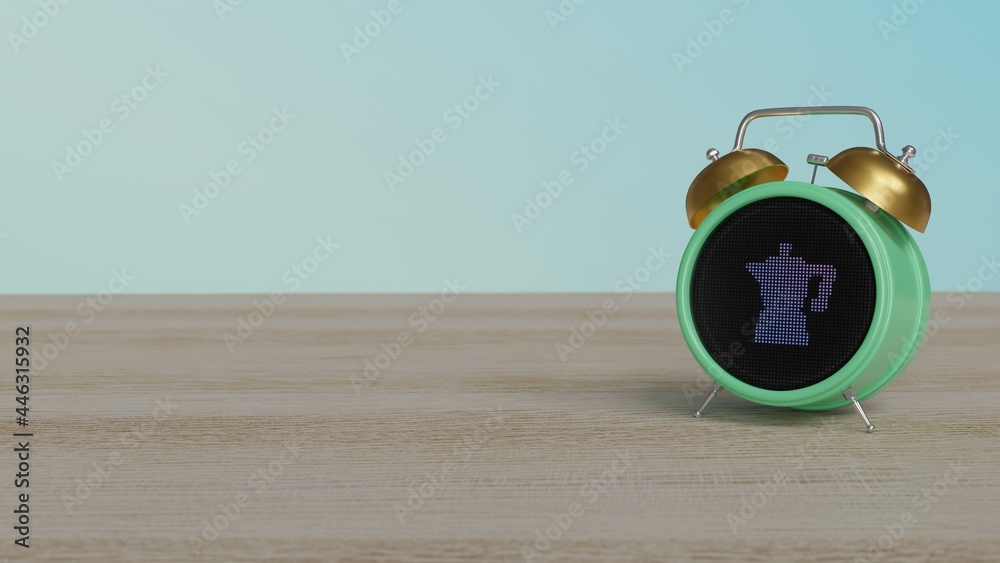 3d rendering of color alarm clock with symbol of moka coffee maker on display on table