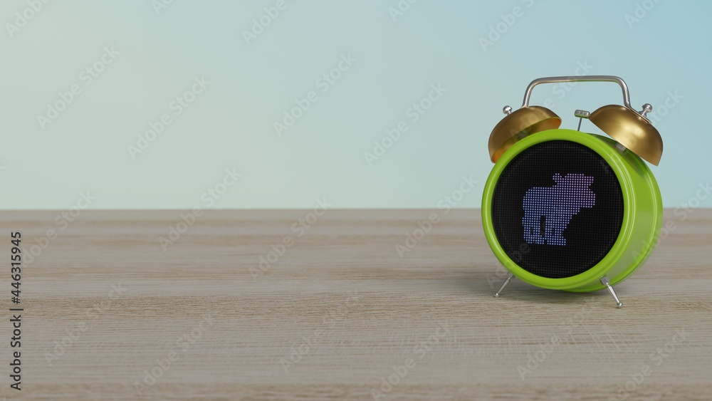 3d rendering of color alarm clock with symbol of moose on display on table