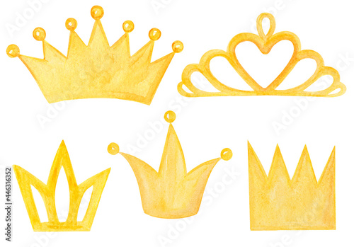 Watercolor yellow crowns set on white background. Cute hand drawn royal crowns