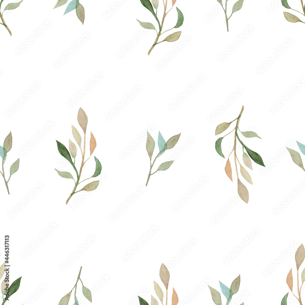 watercolor green branches and leaves seamless pattern on white background watercolor green branches and leaves seamless pattern on white background
