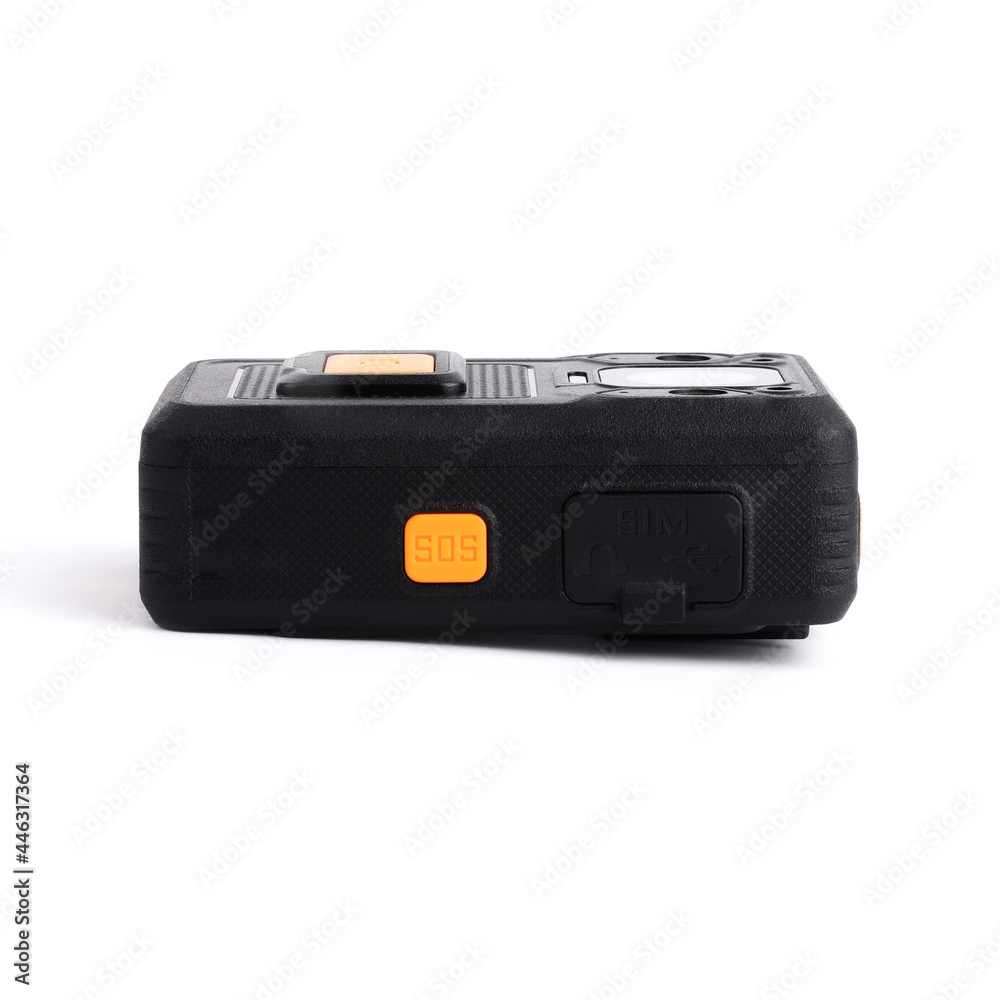 Black Officer body cam with yellow orange button sos. Personal Wearable Video Recorder, Portable DVR, camera isolated on white background. Closeup, side view Black Officer body cam with yellow orange button sos. Personal Wearable Video Recorder, Portable DVR, camera isolated on white background. Closeup, side view
