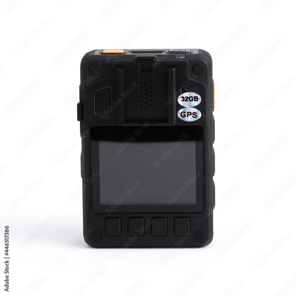 Back view of black Officer body cam with viewing screen. Personal Wearable Video Recorder, Portable DVR, camera isolated on white background. Closeup, mockup. Back view of black Officer body cam with viewing screen. Personal Wearable Video Recorder, Portable DVR, camera isolated on white background. Closeup, mockup.