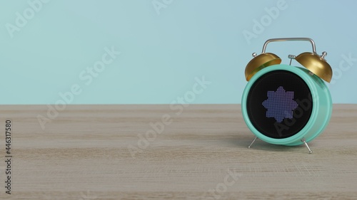 3d rendering of color alarm clock with symbol of sunflower on display on table