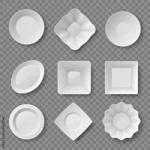 Realistic food plates. Empty white round and square dishes and bowls. Ceramic plate top view 3d mockups. Clean kitchen tableware vector set