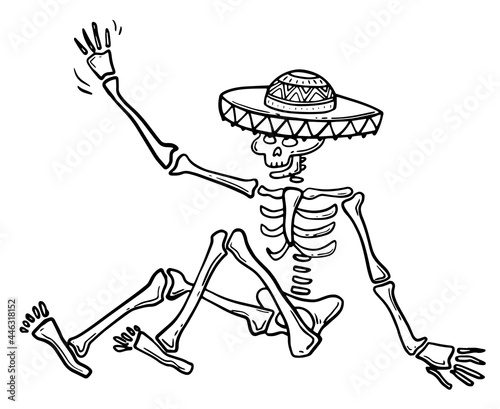 Doodle-a postcard with a Mexican skeleton in a sombrero on a white background. Vector hand-drawn festive illustration of a sitting skeleton. A linear element for the design of the Day of the Dead.