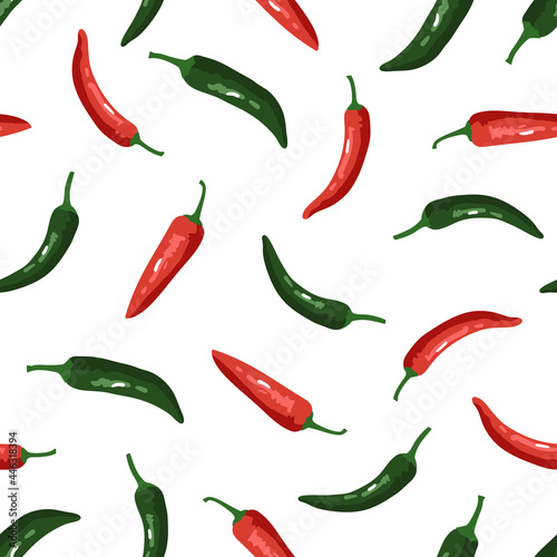 Vector seamless pattern with green and red peppers. Sweet and hot