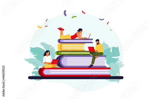 Young people studying in online school. Online education concept. Vector illustration. Flat style