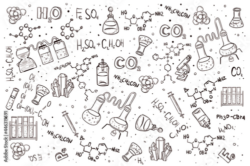Hand drawn chemistry science background. Vector illustration.