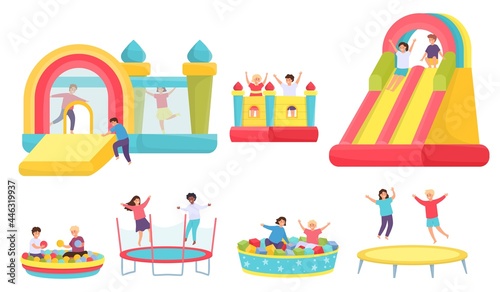 Children jumping on trampolines. Cartoon boys and girls in bouncy castle and inflatable trampoline. Kids in soft pool with balls vector set
