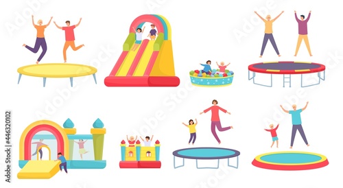 People jump on trampoline. Happy adults, kids and family bounce on trampolines, inflatable house and slide. Active entertainment vector set