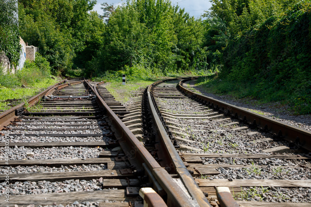 Bifurcation in the railway tracks. Rusty railway rails and rotten wooden sleepers are overgrown with green wild grapes. The concept of changing life path Bifurcation in the railway tracks. Rusty railway rails and rotten wooden sleepers are overgrown with green wild grapes. The concept of changing life path