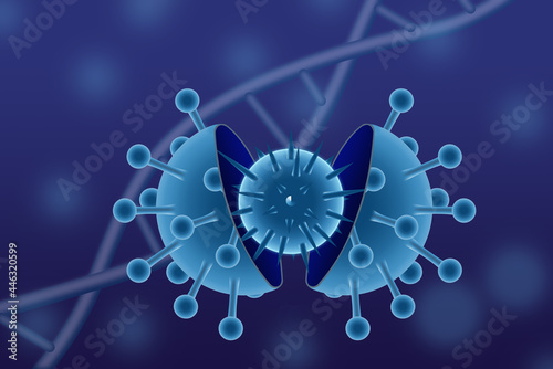 3d illustration covid-19 model concept mutant or coronavirus virus new variant case of respiratory epidemic or damage the lungs on dark blue tone background