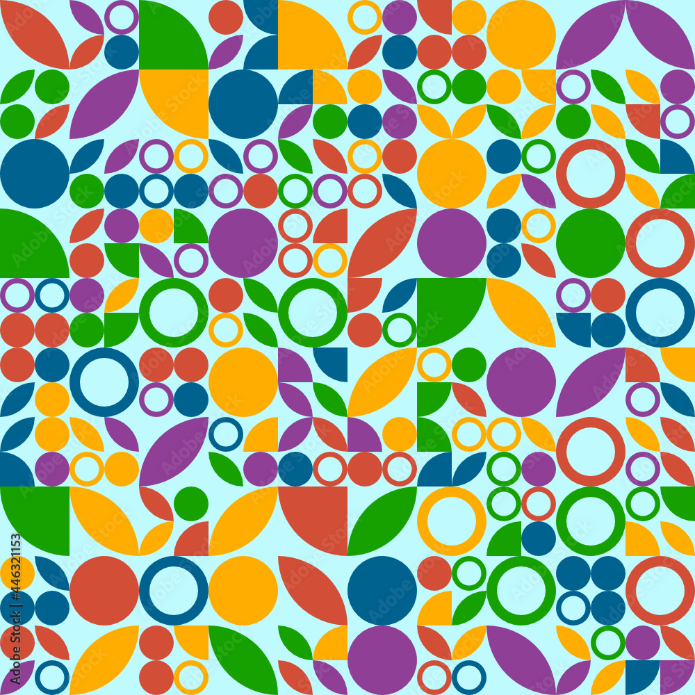 Patrón geométrico abstracto de círculos, cuartos y pétalos en colores alegres Patrón geométrico abstracto de círculos, cuartos y pétalos en colores alegres