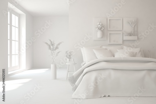 Modern bedroom in white color. Scandinavian interior design. 3D illustration