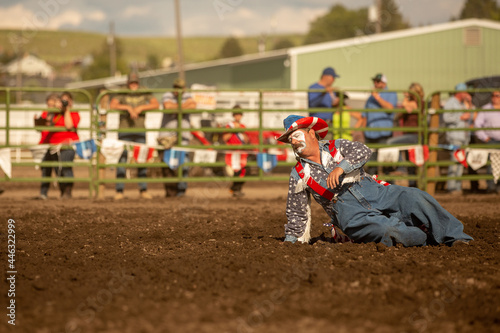 Rodeo clown performing act at a western rodeo