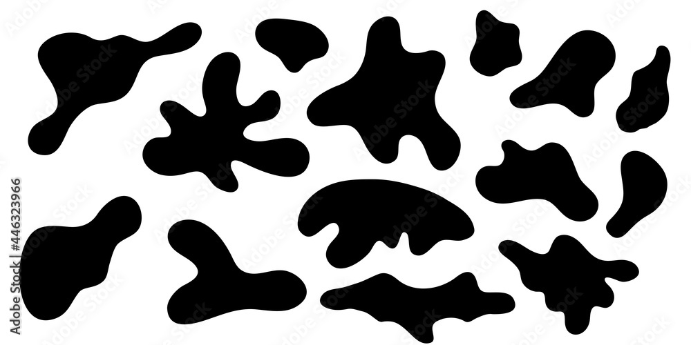 Amorphous blob shapes. Black amoeba asymmetric shapes, abstract liquid form,  smooth geometric elements isolated on white backgtound. Flat style design. Vector illustration