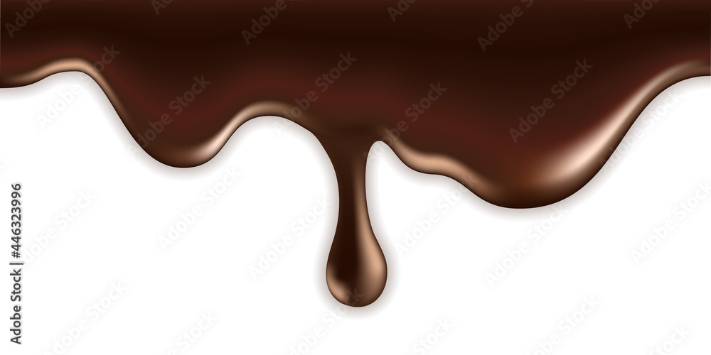 Melted milk chocolate drip wave. Flowing hot liquid chocolate with splash drop, smooth creamy texture, sweet dessert. Isolated on white background. Vector illustration Melted milk chocolate drip wave. Flowing hot liquid chocolate with splash drop, smooth creamy texture, sweet dessert. Isolated on white background. Vector illustration