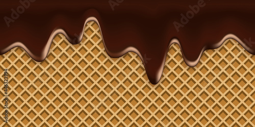 Melted chocolate drip on waffle texture. Dark brown liquid flowing chocolate syrup and wafer background, sweet dessert vector illustration