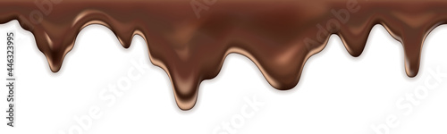 Melted milk chocolate drip, dark brown chocolate smooth color flowing. Isolated liquid texture on white background.  Seamless pattern, vector illustration