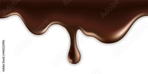 Melted milk chocolate drip wave. Flowing hot liquid chocolate with splash drop, smooth creamy texture, sweet dessert. Isolated on white background. Vector illustration