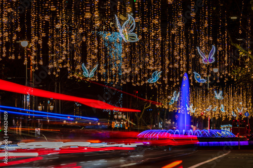 Photography Christmas lights in Barcelona and fountain of water and colors