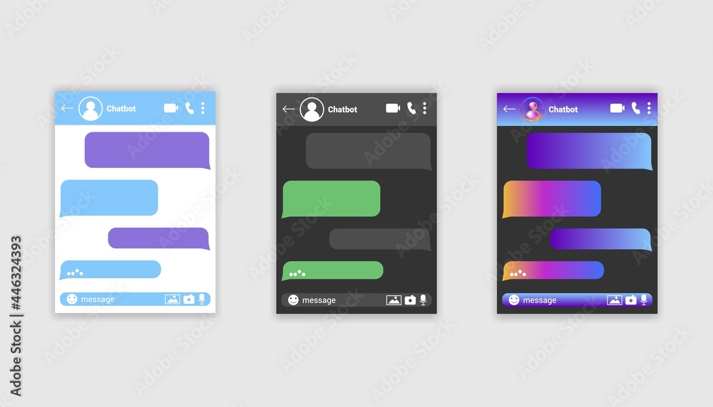 Interface smartphone chat vector template illustration Messenger window SMS messenger mobile app screen Compose dialogues mockup Online chat rooms for websites and mobile applications isolated Flat UI
