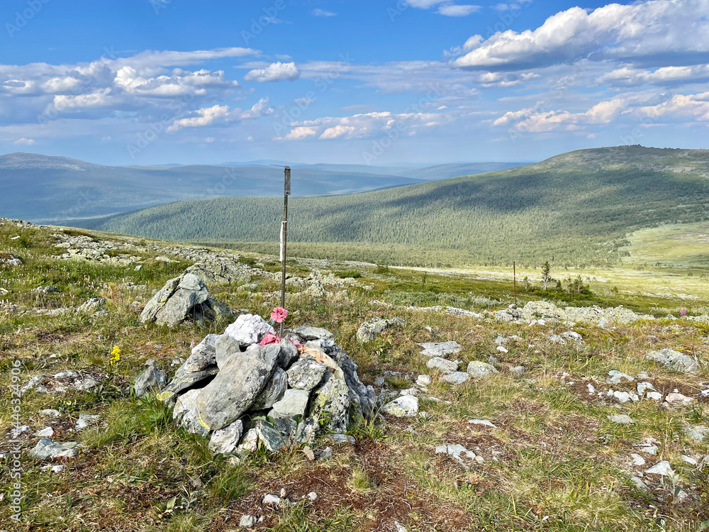 The place in the mountains where the tent of the deceased group of Igor Dyatlov stood. Russia, Northern Urals