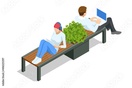 Isometric eco modern street bench vector for web design isolated on white. A modern bench with a flower bed in a city park. City improvement, urban planning, public spaces.