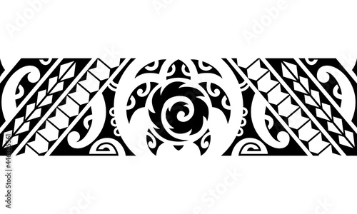 Maori polynesian tattoo border with turtle tribal sleeve pattern vector. Samoan bracelet tattoo design fore arm or foot. Armband tattoo tribal.	
