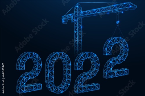 The tower crane installs building structures in the form of numbers 2022. Polygonal concatenated lines and points. Blue background.