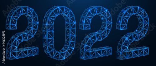 Building structures in the form of numbers 2022. Polygonal concatenated lines and points. Blue background.