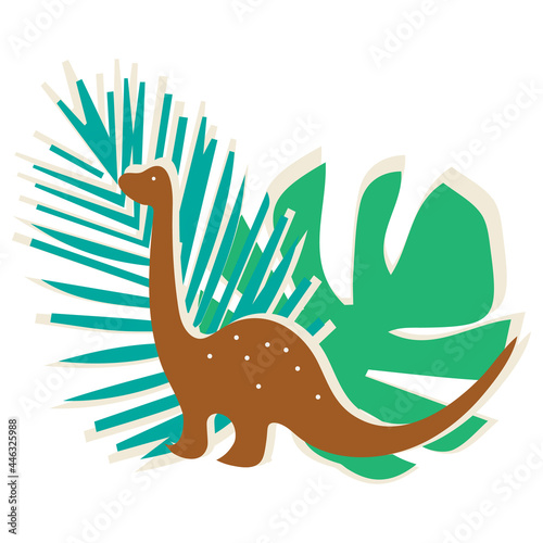 Brown silhouette of a dinosaur on a background of green leaves. Sticker. Pattern element.