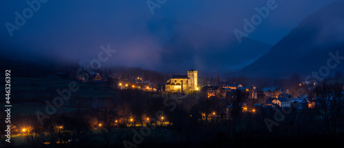 Panoramic view of dusk in the mountain town of Broto
