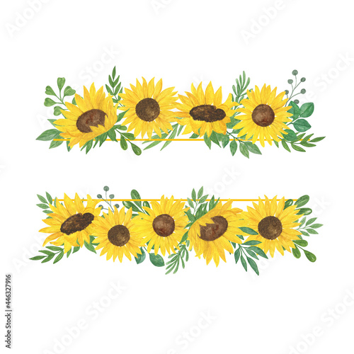 Sunflower and leaves frame, floral composition watercolor illustration, field agricultural plant summer bouquet, arrangement for thanksgiving, greeting card, boho decor, wedding invitation template