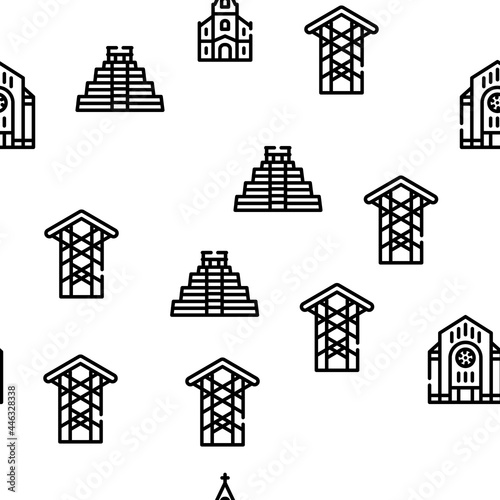 Temple Construction Vector Seamless Pattern Thin Line Illustration