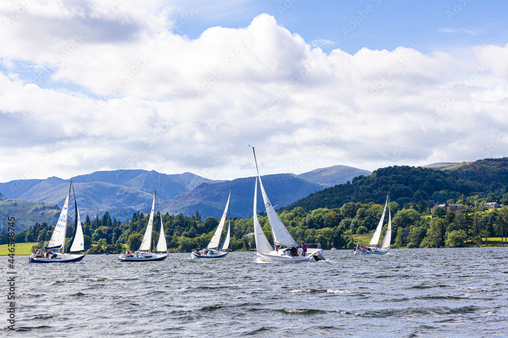 The English Lake District - Sailing on Ullswater on a breezy day, Cumbria UK - obrazy, fototapety, plakaty 