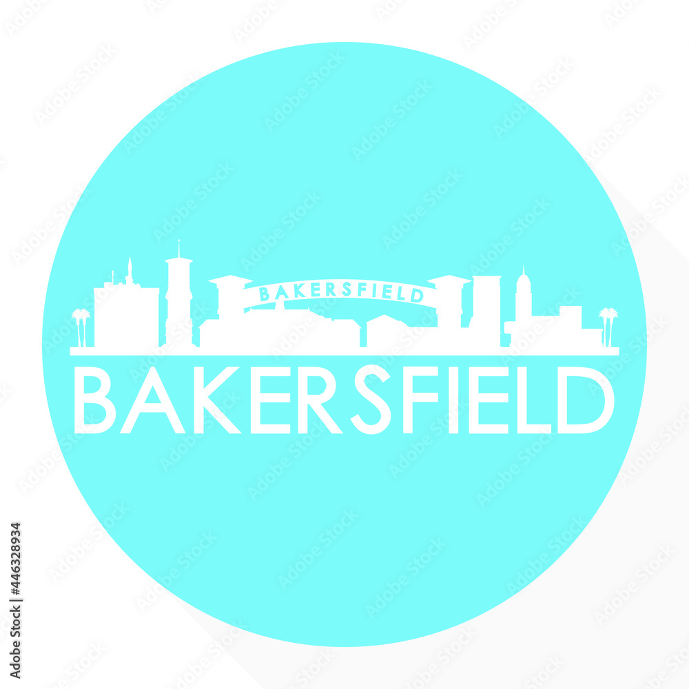Bakersfield, CA, USA Round Button City Skyline Design. Silhouette Stamp Vector Travel Tourism.