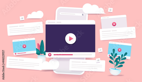 Viral video - Vector illustration of smartphone with video player windows and comments. Vlog and influencer concept.
