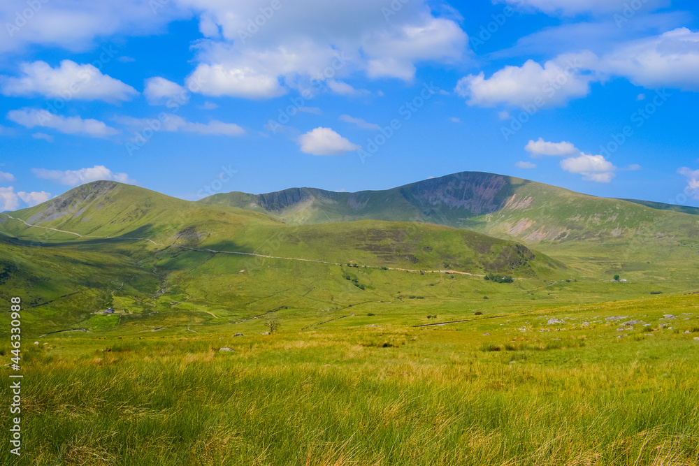 Snowdonia National Park. Epic views of mountains and valleys covered with vibrant grass and soft moss