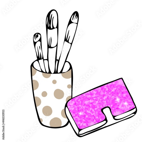 Brushes, pens and pencils in a cup. The outline is drawn by hand. Isolated elements on the background.