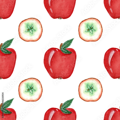 Fototapeta Naklejka Na Ścianę i Meble -  Watercolor seamless pattern with bright red apple and apple slice on a white background. Pattern for packaging, fabric, paper, kitchen, etc.
