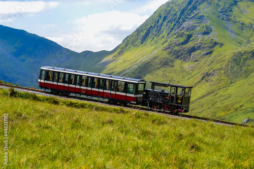 Views of Snowdonia National Park and the old iron dog with the old train going up the mountains photo