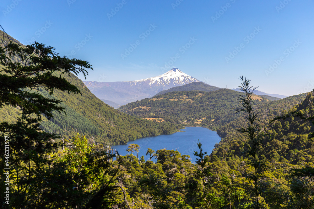 Tinquilco Lake with Villarica Volcano at the background, view edfrom Huerquehue National Park, Pucon, Chile.