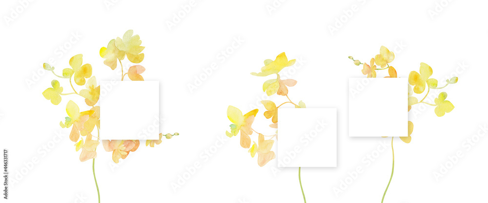 Set of hand painted watercolor frames with bouquets of yellow flowers Set of hand painted watercolor frames with bouquets of yellow flowers