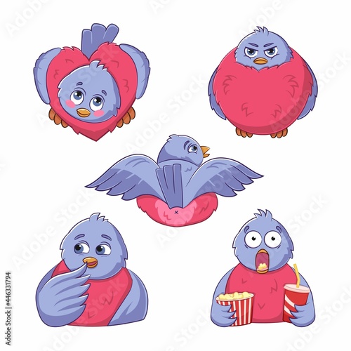 Vector set of cute funny various stickers of bird bullfinchs. Different emotions, various poses. Colored trendy illustration. Flat design. All elements are isolated. Pre-made stickers